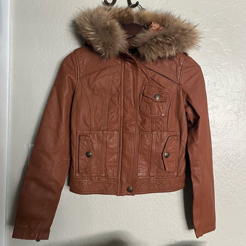 New Vero Moda brown genuine leather jacket with real fox fur lined hood